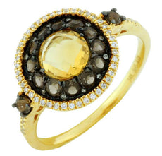 1.91CT DIAMOND & AAA CITRINE & SMOKY TOPAZ 14K YELLOW GOLD ROUND FLOWER FUN RING