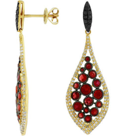3.56CT WHITE & BLACK DIAMOND & AAA RUBY 14K YELLOW GOLD CLASSIC HANGING EARRINGS