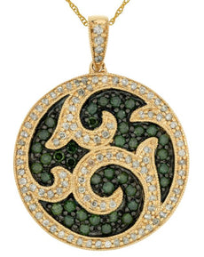1.12CT WHITE & GREEN DIAMOND 14KT YELLOW GOLD FILIGREE CIRCULAR FLOATING PENDANT