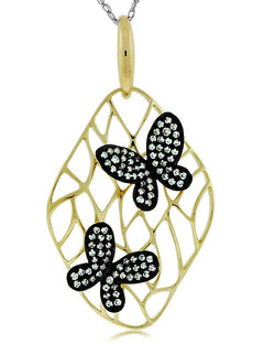 .33CT DIAMOND 14KT YELLOW GOLD DOUBLE BUTTERFLY OPEN FILIGREE FLOATING PENDANT