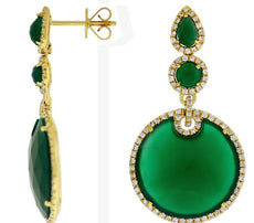 ESTATE .88CT DIAMOND & AAA GREEN AGATE 14K YELLOW GOLD CIRCULAR HANGING EARRINGS