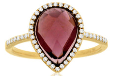 3.05CT DIAMOND & AAA RHODOLITE 14KT YELLOW GOLD PEAR SHAPE & ROUND HALO FUN RING