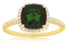 2.33CT DIAMOND & AAA GREEN GARNET 14KT YELLOW GOLD 3D CUSHION & ROUND LOVE RING
