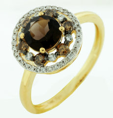 1.22CT WHITE & MOCHA DIAMOND & AAA SMOKY TOPAZ 14KT YELLOW GOLD FLOWER FUN RING
