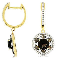 2.42CT WHITE & MOCHA DIAMOND & AAA SMOKY TOPAZ 14K YELLOW GOLD HANGING EARRINGS