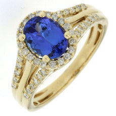 1.55CT DIAMOND & AAA TANZANITE 14K YELLOW GOLD OVAL & ROUND HALO ENGAGEMENT RING