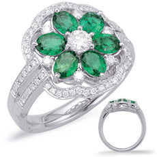 WIDE 1.92CT DIAMOND & AAA EMERALD 14KT WHITE GOLD OVAL & ROUND FLOWER LOVE RING