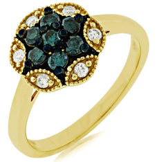.45CT WHITE & BLUE DIAMOND 14KT YELLOW GOLD 3D FLOWER STAR FILIGREE FUN RING