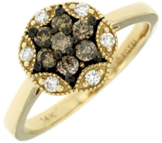 .45CT WHITE & CHOCOLATE FANCY DIAMOND 14KT YELLOW GOLD CLUSTER STAR FLOWER RING