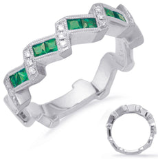 .58CT DIAMOND & AAA EMERALD 14K WHITE GOLD 3D ROUND & PRINCESS DIAGONAL FUN RING
