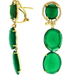 .27CT DIAMOND & AAA GREEN AGATE 14K YELLOW GOLD 3D OVAL & ROUND HANGING EARRINGS