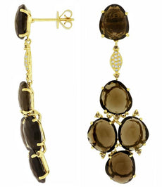 27.3CT WHITE & MOCHA DIAMOND & AAA SMOKY TOPAZ 14KT YELLOW GOLD HANGING EARRINGS