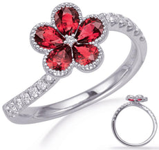 1.13CT DIAMOND & AAA RUBY 14KT WHITE GOLD 3D PEAR SHAPE & ROUND FLOWER LOVE RING