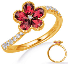 1.13CT DIAMOND & AAA RUBY 14K YELLOW GOLD 3D PEAR SHAPE & ROUND FLOWER LOVE RING