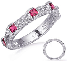 .87CT DIAMOND & AAA RUBY 14KT WHITE GOLD PRINCESS & ROUND DIAGONAL FILIGREE RING