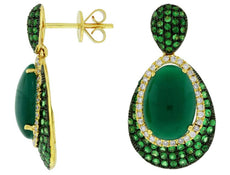 1.68CT DIAMOND & AAA TSAVORITE & GREEN AGATE 14K YELLOW GOLD 3D HANGING EARRINGS