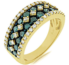 WIDE 1.85CT WHITE & BLUE DIAMOND 14KT YELLOW GOLD 3D MULTI ROW ANNIVERSARY RING
