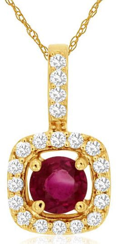 .49CT DIAMOND & AAA RUBY 14KT YELLOW GOLD 3D ROUND HALO SQUARE CLASSIC PENDANT