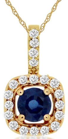 .49CT DIAMOND & AAA SAPPHIRE 14KT YELLOW GOLD ROUND HALO SQUARE CLASSIC PENDANT