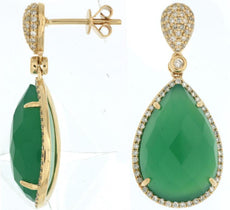 LARGE .65CT DIAMOND AAA GREEN AGATE 14KT YELLOW GOLD PEAR SHAPE HANGING EARRINGS