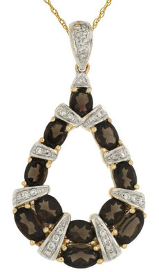 2.11CT DIAMOND & AAA SMOKY TOPAZ 14KT YELLOW GOLD OVAL & ROUND TEAR DROP PENDANT