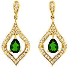 1.19CT DIAMOND & AAA RUSSALITE 14KT YELLOW GOLD PEAR SHAPE & ROUND LEAF EARRINGS