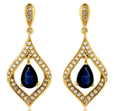1.34CT DIAMOND & AAA SAPPHIRE 14K YELLOW GOLD CLASSIC TEAR DROP HANGING EARRINGS