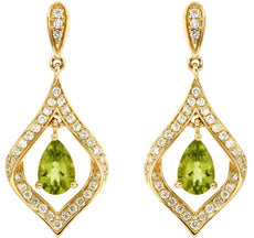 1.19CT DIAMOND & AAA PERIDOT 14K YELLOW GOLD PEAR SHAPE & ROUND HANGING EARRINGS