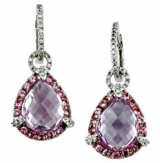 10.85CT DIAMOND & AAA PINK SAPPHIRE & AMETHYST 14KT WHITE GOLD HANGING EARRINGS