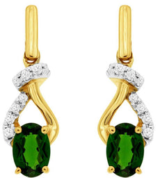 1.0CT DIAMOND & AAA RUSSALITE 14KT YELLOW GOLD 3D OVAL & ROUND HANGING EARRINGS