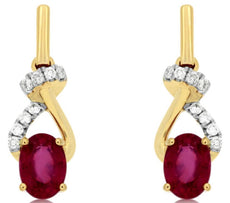 1.2CT DIAMOND & AAA RUBY 14K YELLOW GOLD OVAL & ROUND LOVE KNOT HANGING EARRINGS