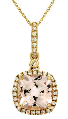 2.14CT DIAMOND & AAA MORGANITE 14KT YELLOW GOLD 3D CUSHION & ROUND HALO PENDANT