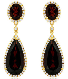 17.75CT DIAMOND & AAA GARNET 14KT YELLOW GOLD 3D OVAL TEAR DROP HANGING EARRINGS
