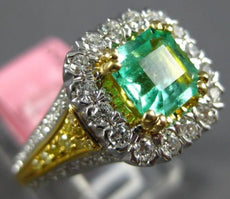 1.38CT WHITE & CANARY DIAMOND & AAA EMERALD 18K TWO TONE GOLD 3D ENGAGEMENT RING