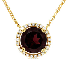 2.14CT DIAMOND & AAA RHODOLITE 14KT YELLOW GOLD CLASSIC ROUND HALO LOVE NECKLACE