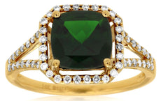 2.45CT DIAMOND & AAA GREEN GARNET 14KT YELLOW GOLD CUSHION HALO OCTAGON FUN RING