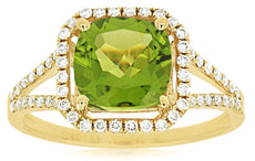 2.55CT DIAMOND & AAA PERIDOT 14KT YELLOW GOLD CUSHION & ROUND HALO OCTAGON RING