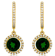 2.26CT DIAMOND & AAA GREEN GARNET 14K YELLOW GOLD 3D ROUND HALO HANGING EARRINGS