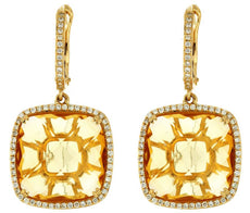 LARGE 20.42CT DIAMOND & AAA CITRINE 14K YELLOW GOLD SQUARE HALO HANGING EARRINGS