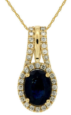 1.74CT DIAMOND & AAA SAPPHIRE 14K YELLOW GOLD OVAL & ROUND HALO FLOATING PENDANT