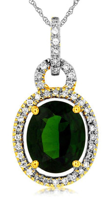 2.76CT DIAMOND & AAA GREEN GARNET 14K YELLOW GOLD OVAL & ROUND LOVE KNOT PENDANT