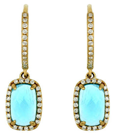 2.76CT DIAMOND & AAA BLUE TOPAZ 14K YELLOW GOLD CUSHION & ROUND HANGING EARRINGS