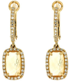 2.11CT DIAMOND & AAA CITRINE 14K YELLOW GOLD 3D CUSHION & ROUND HANGING EARRINGS