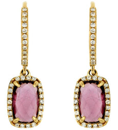 3.06CT DIAMOND & AAA RHODOLITE 14KT YELLOW GOLD 3D CUSHION HALO HANGING EARRINGS