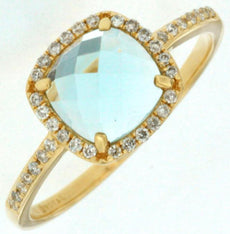 1.30CT DIAMOND & AAA AQUAMARINE 14KT YELLOW GOLD CUSHION & ROUND HALO FUN RING
