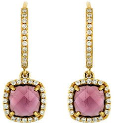 2.65CT DIAMOND & AAA RHODOLITE 14K YELLOW GOLD CUSHION CUT HALO HANGING EARRINGS