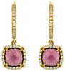 2.65CT DIAMOND & AAA RHODOLITE 14K YELLOW GOLD CUSHION CUT HALO HANGING EARRINGS