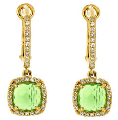 2.35CT DIAMOND & AAA PERIDOT 14K YELLOW GOLD ROUND CUSHION HALO HANGING EARRINGS