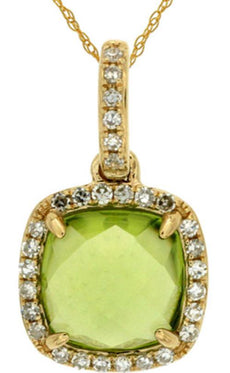 1.87CT DIAMOND & AAA PERIDOT 14K YELLOW GOLD 3D CUSHION & ROUND FLOATING PENDANT