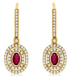1.15CT DIAMOND & AAA RUBY 14KT YELLOW GOLD 3D OVAL DOUBLE HALO HANGING EARRINGS